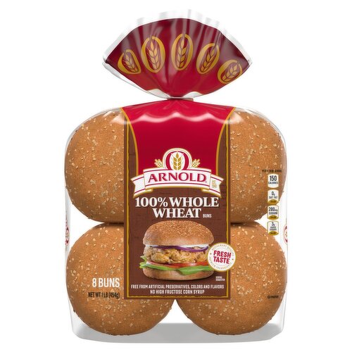 Arnold 100% Whole Whole Wheat Buns, 8 count, 1 lb