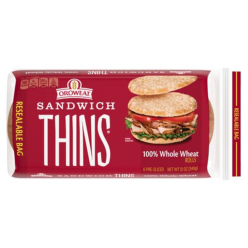 Oroweat Sandwich Thins 100% Whole Wheat Rolls, 6 count, 12 oz