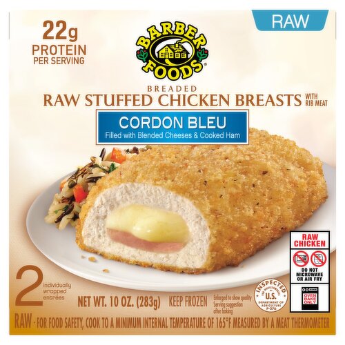 Barber Foods Cordon Bleu Breaded Raw Stuffed Chicken Breasts with Rib Meat, 2 count, 10 oz