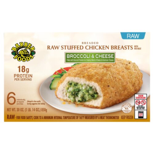 Barber Foods Broccoli & Cheese Breaded Raw Stuffed Chicken Breasts with Rib Meat, 6 count, 30 oz