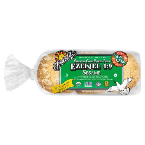 Food for Life Ezekiel 4:9 The Original - Flourless Sesame Sprouted Grain Burger Buns, 16 oz