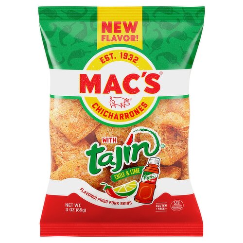 Mac's Chicharrones with Tajin Chile & Lime Flavored Fried Pork Skins, 3 oz