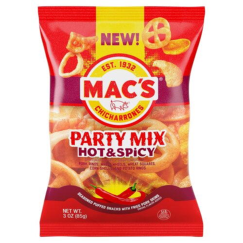 Mac's Chicharrones Party Mix Hot & Spicy Seasoned Puffed Snacks with Fried Pork Skins, 3 oz