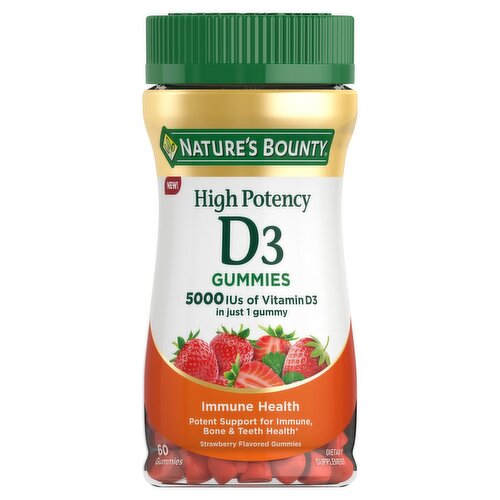 Nature's Bounty Strawberry Flavored High Potency D3 Gummies Dietary Supplement, 5000 IU, 60 count