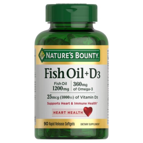 Nature's Bounty Fish Oil + D3 Rapid Release Softgels Dietary Supplement, 1200 mg, 90 count