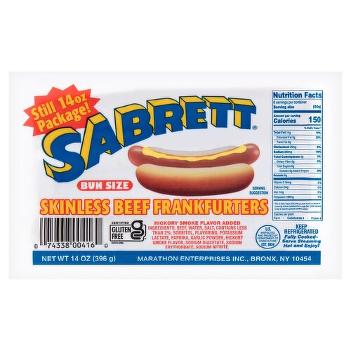 Sabrett Skinless Beef Frankfurters Bun Size, 14 oz