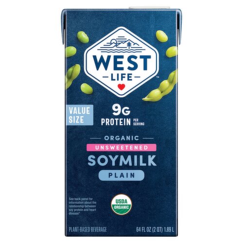 West Life Organic Unsweetened Plain Soymilk Value Size, 64 fl oz