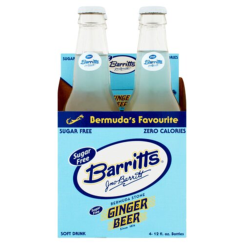 Barritts Sugar Free Bermuda Stone Ginger Beer Soft Drink, 12 fl oz, 4 count