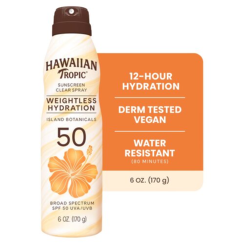 Hawaiian Tropic Weightless Hydration Broad Spectrum Sunscreen Clear Spray, SPF 50, 6 oz