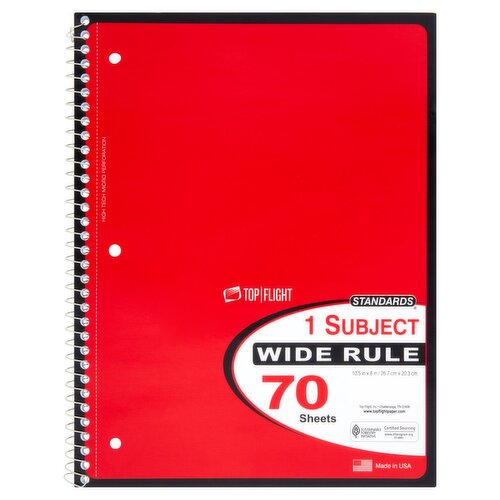 Top Flight Standards 1 Subject Wide Rule Notebook, 70 count