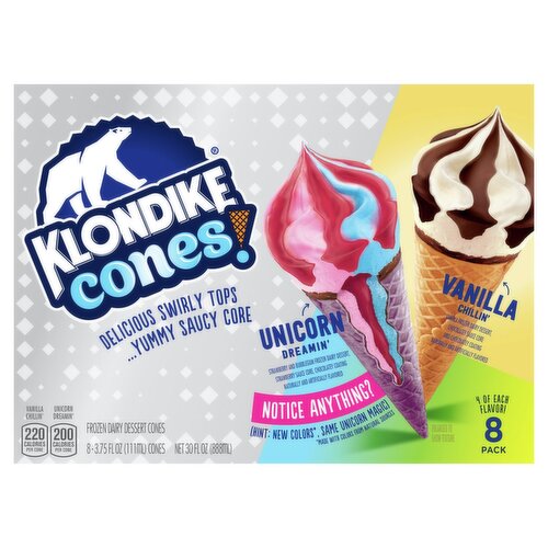 Klondike Unicorn Dreamin' & Vanilla Chillin' Frozen Dairy Dessert Cones, 3.75 fl oz, 8 count