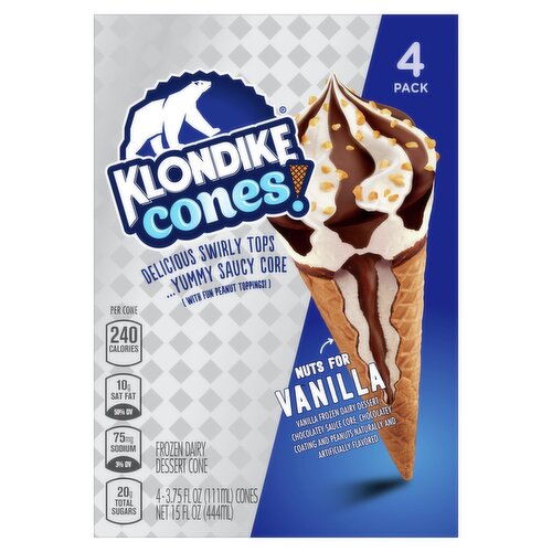 Klondike Nuts for Vanilla Frozen Dairy Dessert Cones, 3.75 fl oz, 4 count