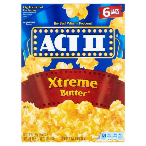 Act II Xtreme Butter Microwave Popcorn, 2.75 oz, 6 count