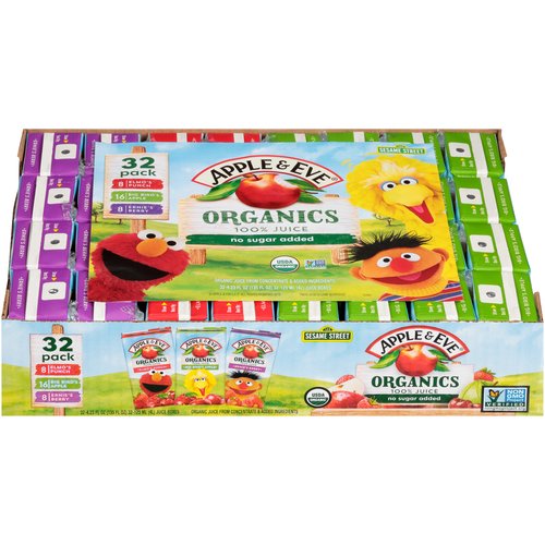 Apple & Eve Organics Elmo's Punch, Big Bird's Apple, Ernie's Berry 100% Juice, 4.23 fl oz, 32 count