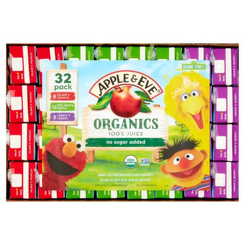 Apple & Eve Organics Elmo's Punch, Big Bird's Apple, Ernie's Berry 100% Juice, 4.23 fl oz, 32 count