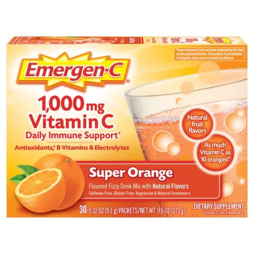 Emergen-C Super Orange Flavored Fizzy Drink Mix Dietary Supplement, 1,000 mg, 0.32 oz, 30 count