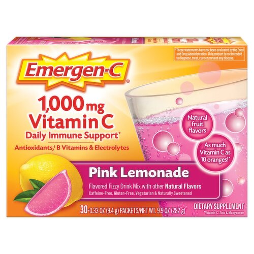 Emergen-C Vitamin C Pink Lemonade Flavored Fizzy Drink Mix, 1,000 mg, 0.31 oz, 30 count