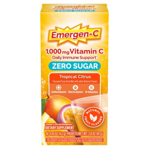 Emergen-C Zero Sugar Tropical Citrus Fizzy Drink Mix Dietary Supplement, 1000 mg, 0.16 oz, 18 count