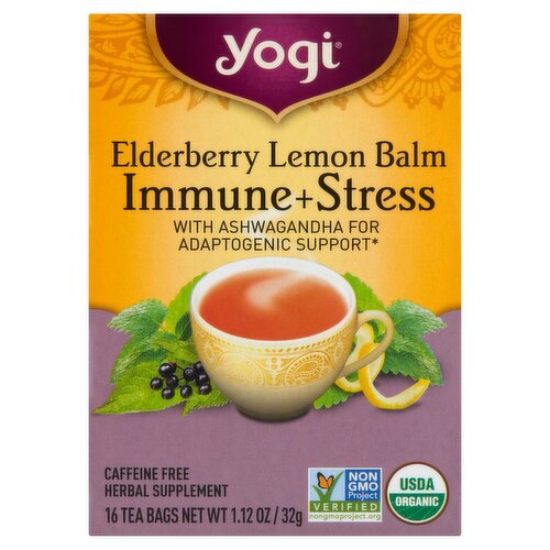 Yogi Elderberry Lemon Balm Immune + Stress Tea Bags Herbal Supplement, 16 count, 1.12 oz