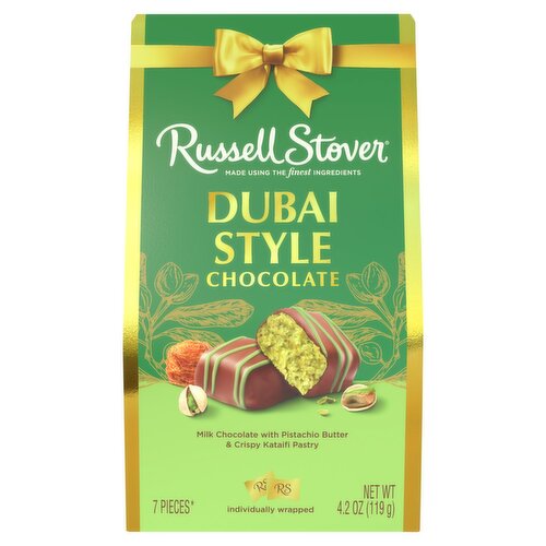 RUSSELL STOVER Dubai Style Milk Chocolate Candy Bar with Pistachio & Kataifi Gift Bag, 4.2 oz.
