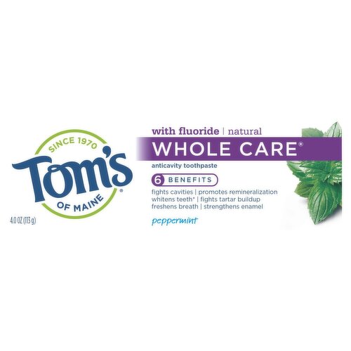 Tom's of Maine Whole Care Natural Toothpaste with Fluoride, Peppermint, 4 oz.