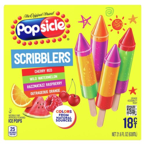 Popsicle Scribblers Cherry, Watermelon, Raspberry, Orange Ice Pops, 18 count, 21.6 fl oz