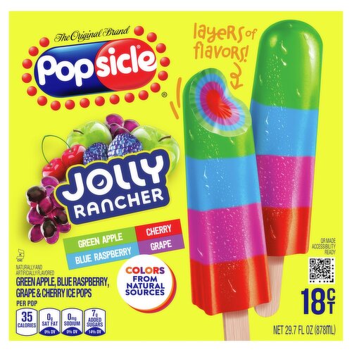 Popsicle Jolly Rancher Green Apple, Blue Raspberry, Cherry, Grape Ice Pops, 18 count, 29.7 fl oz