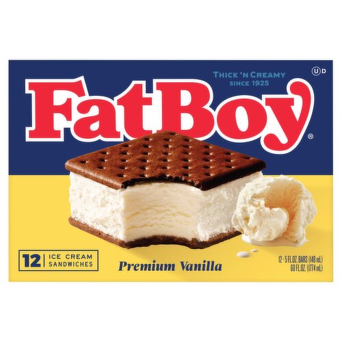 FatBoy Premium Vanilla Ice Cream Sandwiches, 5 fl oz, 12 count