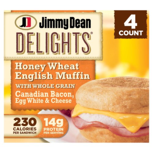 Jimmy Dean Delights Honey Wheat English Muffin Breakfast Sandwiches with Canadian Bacon, Egg White, 