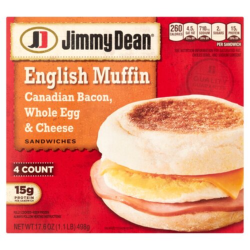 Jimmy Dean English Muffin Canadian Bacon, Whole Egg & Cheese Sandwiches, 4 count, 17.6 oz