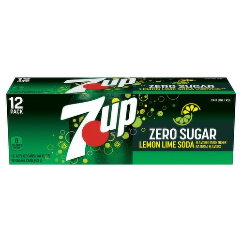 7UP Zero Sugar Lime Lemon Flavored Soda, 12 fl oz, 12 count