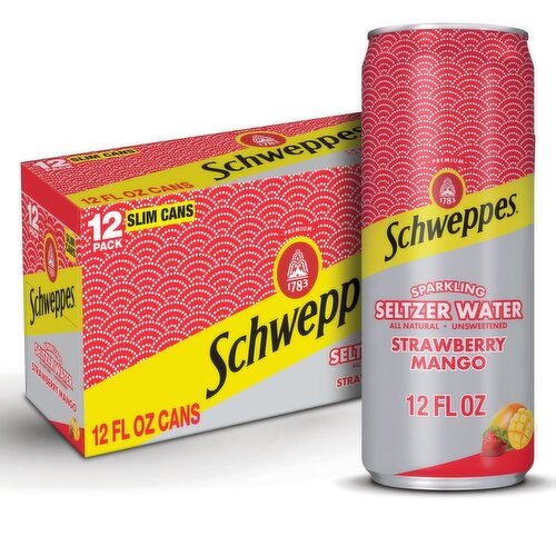 Schweppes Premium Strawberry Mango Unsweetened Sparkling Seltzer Water, 12 fl oz, 12 count