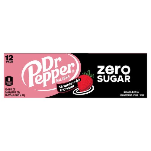 Dr Pepper Zero Sugar Strawberries & Cream Soda, 12 fl oz, 12 count