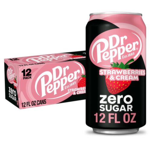Dr Pepper Zero Sugar Strawberries & Cream Soda, 12 fl oz, 12 count