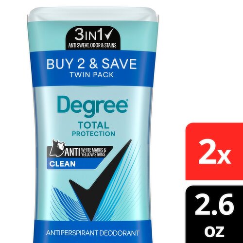 Degree Clean Anti White Marks & Yellow Stains Antiperspirant Deodorant Twin Pack, 2.6 oz, 2 count