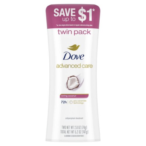Dove Advanced Care Caring Coconut Antiperspirant Deodorant Twin Pack, 2.6 oz, 2 count