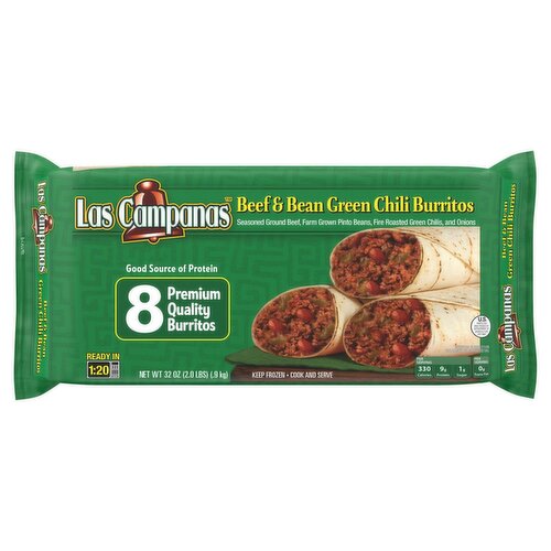 Las Campanas Beef & Bean Green Chili Burritos, 8 count, 32 oz