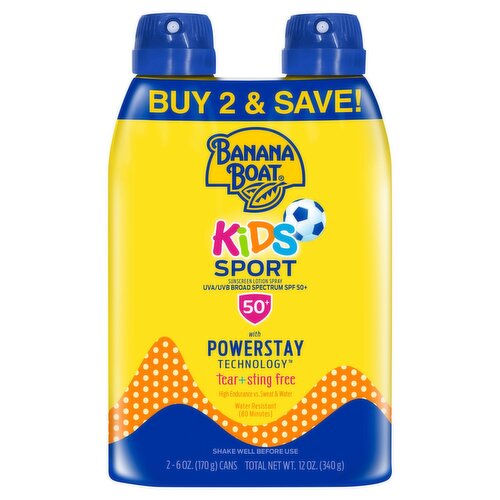 Banana Boat Kids Sport UVA/UVB Broad Spectrum Sunscreen Lotion Spray, SPF 50+, 6 oz, 2 count