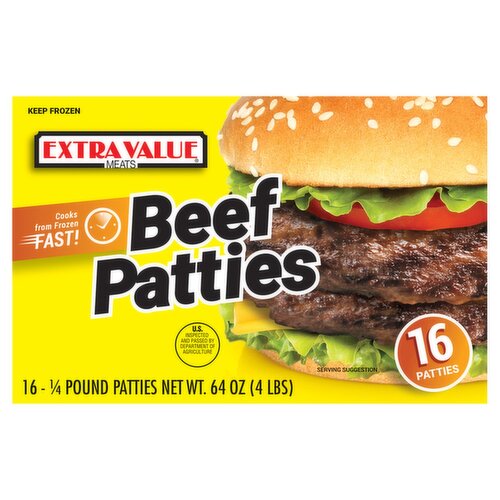 Extra Value Meats Beef Patties, 1/4 pound, 16 count