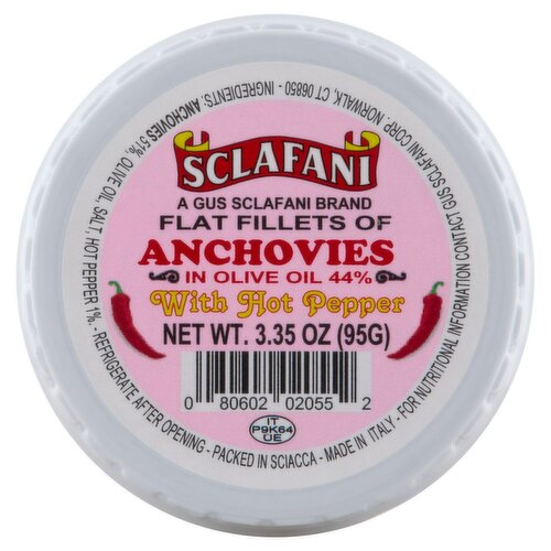 Sclafani Flat Fillets of Anchovies in Olive Oil 44% with Hot Pepper, 3.35 oz