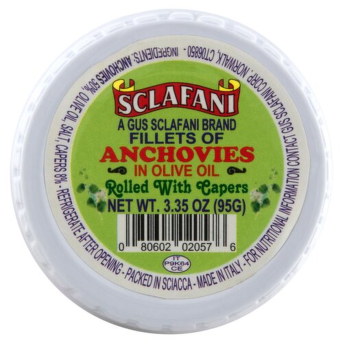 Sclafani Rolled Fillets of Anchovies in Olive Oil with Capers, 3.35 oz