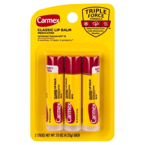 Carmex Medicated Sunscreen Classic Lip Balm, SPF 15, 3 count, .15 oz