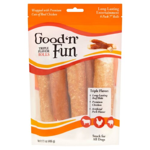 Good 'n' Fun 7" Rolls Triple Flavor Rolls Snack for All Dogs, 6 count, 17.1 oz