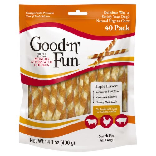 Good'n' Fun Triple Flavor Munchy Sticks with Chicken Snack for All Dogs, 40 count, 14.1 oz