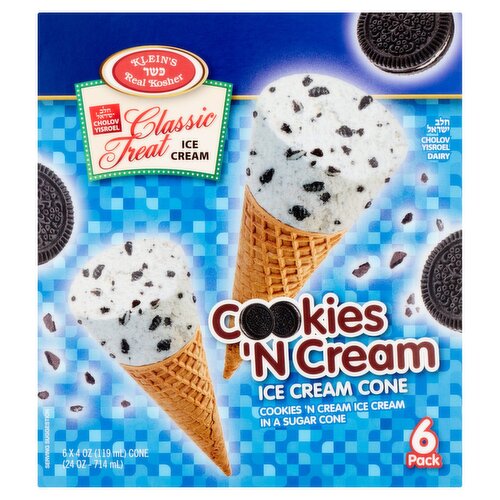Klein's Real Kosher Classic Treat Cookies 'N Cream Ice Cream Cone, 4 oz, 6 count