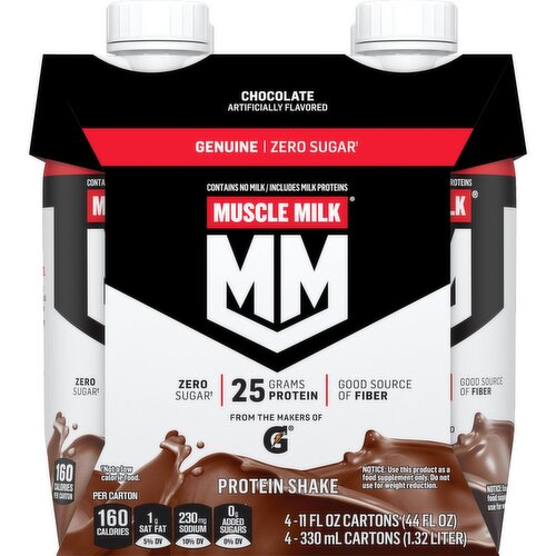 Muscle Milk Genuine Zero Sugar Protein Shake Chocolate Artificially Flavored 11 Fl Oz 4 Count