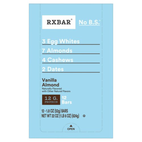 RXBAR No B.S. Vanilla Almond Protein Bars, 1.8 oz, 12 count