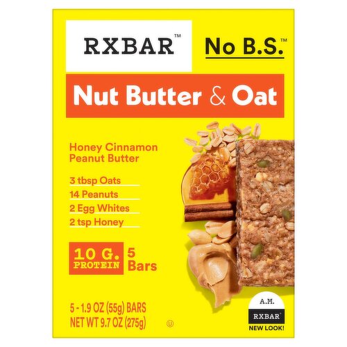 RXBAR No B.S. Nut Butter & Oat Honey Cinnamon Peanut Butter Protein Bars, 1.9 oz, 5 count