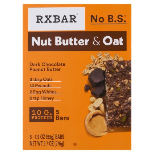 Rxbar NO B.S. Nut Butter & Oat Peanut Butter Dark Chocolate Bars, 1.9 oz, 5 count