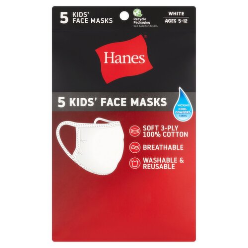 Hanes White Kids' Face Masks, Ages 5-12, 5 count